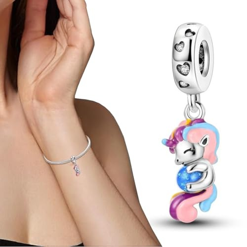 PYAIOVR Einhorn 925 Silber Zirkonia Charm Anhänger für Armband Charm Bead Pendant für Europäische Armbänder Halsketten Schmuck Geschenk für Damen
