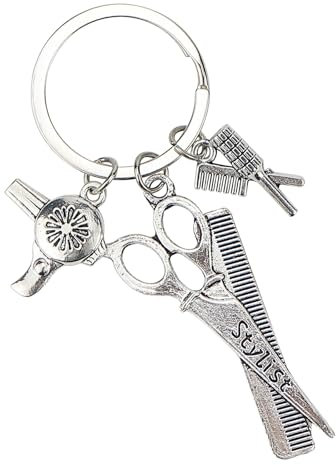 LNQ LUNIQI Friseur Geschenke Schlüsselanhänger Schere Kamm Fön Schlüsselbund Hängen Legierung Schlüsselanhänger für Salon Friseur Verzierung Geschenk, Silber
