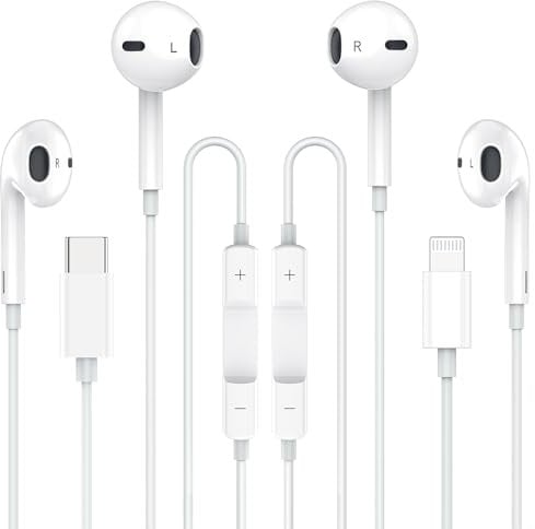 Earbuds Headphones, Wired Earphones with Lightning Connector and USB C Wired Earbuds [MFi Certified] (Built-in Microphone & Volume Control) Noise Canceling Isolating Headphones for iPhone 16 15 14 13