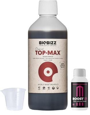 GROWMANIA Top Max de BioBizz 1 l + Échantillon Boost Up Nutrients + Verre doseur organique à floraison complète Idéal pour potager et jardin de taille moyenne