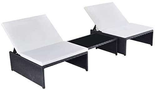 LVHUIDEH 2er Lounge Sonnenliegen Set mit Tisch – Verstellbare Rückenlehne, Outdoor Poly Rattan Gartenmöbel Set, 2X Gartenliege wetterfest