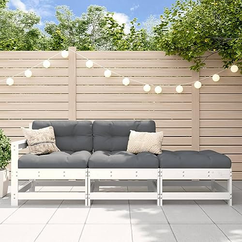 Myheimly 3-TLG. Garten-Lounge-Set Weiß Massivholz Kiefer Weißes Kiefernholz Zweisitzer-Sofa mit Hocker