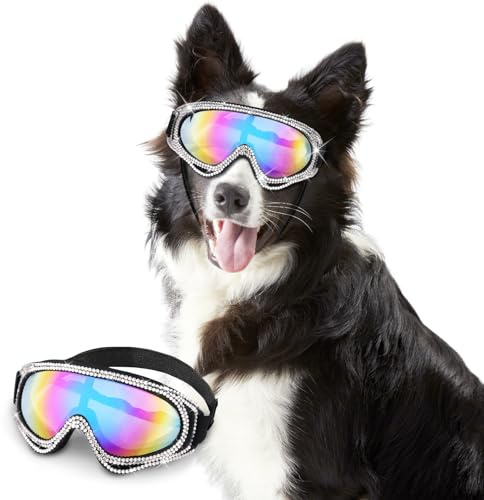 WOOFUU Pet Sunglasses for Dogs and Cats – UV Protection Glasses with Diamond Accents, Color-Reflective Lenses, Lightweight & Secure Fit (for Medium to Large Breeds)