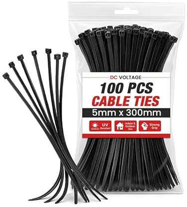 DC VOLTAGE Black 300mm x 5mm Nylon Cable Ties Heavy Duty 100 PCS, 12 Ultra Strong 28kg / 62lbs Tensile Strength, UV Resistant Plastic Zip Ties Extra Long Tie Wraps for Outdoor Use