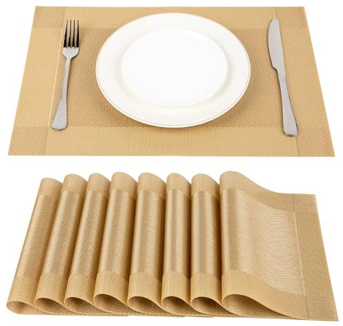 SUEH DESIGN Tovagliette Americane PVC 45 x 30cm Set 8 Pezzi, Oro