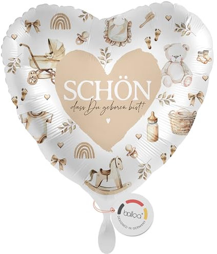 balloa Folienballon Schön dass du geboren bist, Helium Ballon zur Geburt, Geschenk zur Babyparty, neutrale Babyshower Dekoration für Jungen und Mädchen, Ballon Herzform 33cm