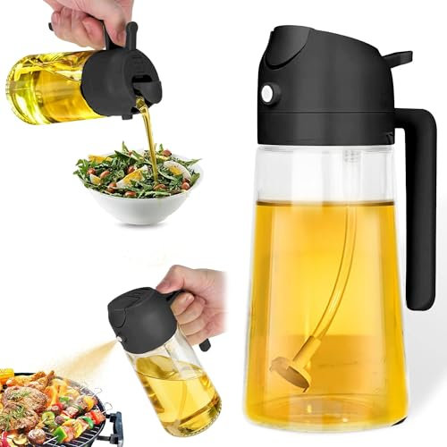 KEPLIN - 2 in 1 Oil Sprayer 470ml - Dual Function Spray & Pour Olive Oil Dispenser - BPA-Free PP & Glass - Refillable, Dishwasher Safe & Eco-Friendly - 18.4x8x9.9cm (Black)