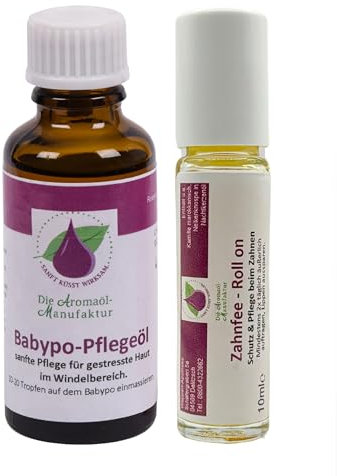 Die Aromaölmanufaktur Zahnfee Roll on 10ml & Babypo Pflegeöl 30ml, Aromaöl Doppelpack mit wohltuendem Zahnungsöl & Babyöl, 100% natürliche ätherische Öle