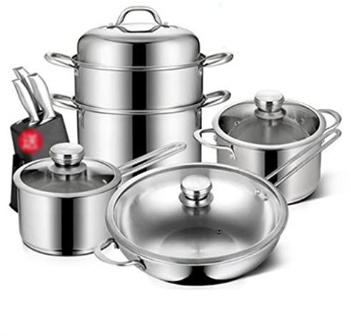 N/A Cookware Set Stainless Steel Household Frying pan Soup Pot Set Tool Steamer Frying pan Glass lid Kitchen Utensils (Color : A, Size Vision