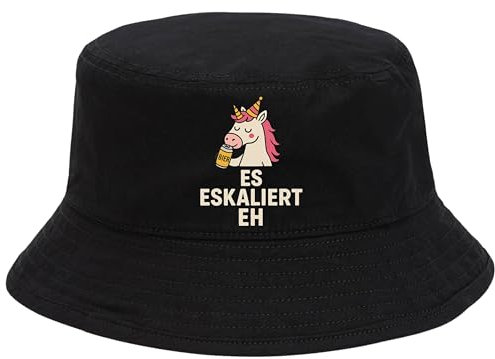 Es eskaliert eh Hut Schwarz Lustiger Festivalhut mit Einhorn Bier Spruch | Partyhut Malle Cap Fischerhut Spaßhut für Herren Damen | Junggesellenabschied Karneval Accessoire Sommer