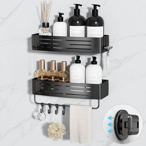 Onemake 2-Pack Suction Shower Caddy, No Drill Bathroom Shelf, Strong Suction Cup Holds up to 10kg, Removable Shower Storage Basket for Tiles, Glass & Bathroom Wall Organiser, Matt Black