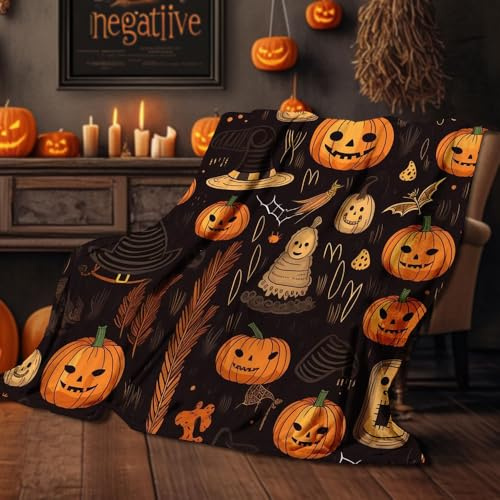 APPCRFM Halloween Decke 150x100 cm- Weiche Flanneldecke Kuscheldecke Mit Kürbis & Laterne Design - Süß Für Sofa Bett Party Lustiges Geschenk Für Halloween (Schwarz/Orange)