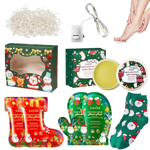 Ourdort Weihnachtsgeschenke, Foot Peel Mask Hand Mask Fussmaske | 2Paar Fußmaske+2Paar Handmaske+1 Paar Weihnachtssocken+Hand-und Fußcreme+1Pc Geschenkbox+20g Bast+0,7 Meter Warm weiße Lampe
