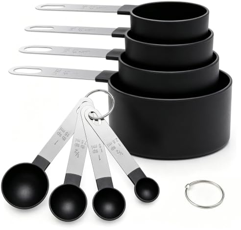 Qcdou 8 Piece Measuring Cups and Spoons Set, Stackable Cup Measurements Set | Stainless Steel Handle Measuring Spoons, Tablespoons, for Liquids and Solids, Cooking Kitchen Baking Essentials (Black)