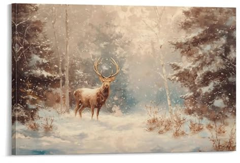 Wandkunst, Motiv: Hirsch im Wald, Winter, Weihnachten, Winterlandschaft, Vintage, Wandkunst, Gemälde, Leinwanddrucke, Poster, Kunstwerk für Wohnzimmer, Schlafzimmer, Badezimmer, Büro, Heimdekoration