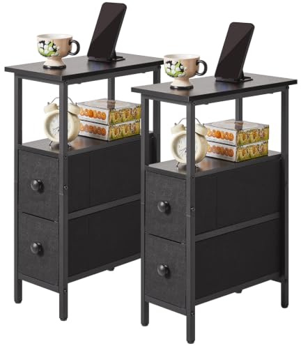YMYNY Narrow Side Table Set of 2, Slim Bedside Table with 2 Fabric Drawers, Nightstand for Small Spaces, Sofa Table with Open Storage Shelf for Bedroom Living Room,Black HST019B-2