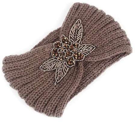 OhrenwäRmer-Stirnband Winterwärmer for Damen, gestricktes Stirnband mit Ohren, Turban, breite Häkelschleife, dehnbares Strass-Haarband, Haarschmuck(Coffee)
