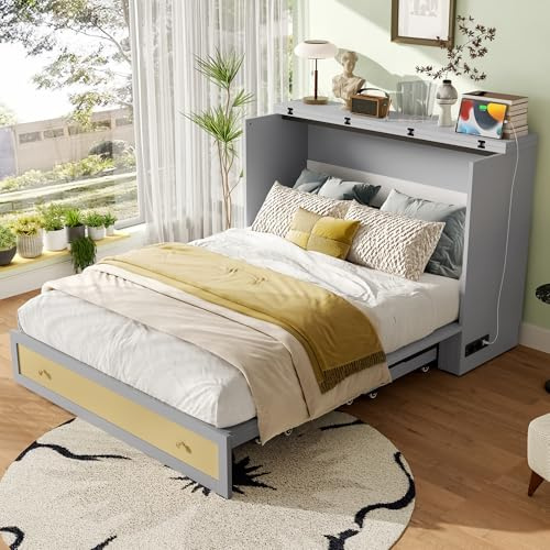 BXEYXE Schrankbett, 140 x 200, Mobiles Schrankbett mit Schubladen am Bettende und Regal am Kopfende des Bettes, mit USB und Steckdose, Umbaubares Plattformbett, Ohne Matratze, Grau