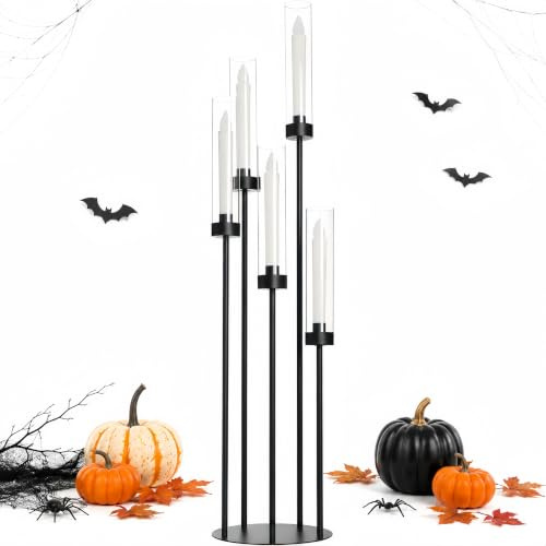 VINCIGANT 5 Armig Kerzenständer Schwarz mit Acryl Lampenschirm, 100 cm Höhe | Kerzenarme Steigen in der Höhe an, Boden oder Tisch Dekorationen zu Halloween, Hochzeiten, Banketten, Geburtstagsparty