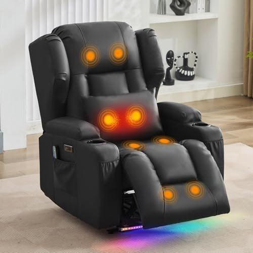 SAMERY Wandnaher Fernsehsessel Elektrisch Verstellbar mit Massage und Heizung, Relaxsessel mit Liegefunktion, USB, Ambient LED, Getränkehalter, TV Sessel Kinosessel für Wohnzimmer (Schwarz)