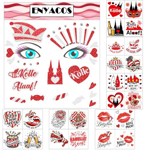 ENYACOS Köln Karneval Gesichtstattoo Set 7-teilig: 1x Face Gems & 6x Tattoo Bögen – Kölle Alaaf Aufkleber Rot Weiß – Kostüm Zubehör für Damen & Herren – Fasching Face Sticker (Rut un Wiess)