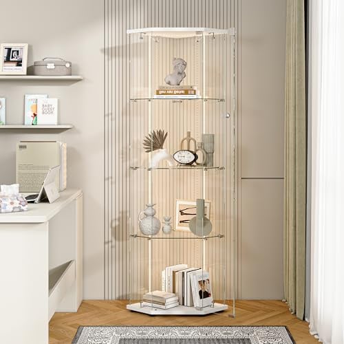 Eck-Glasvitrine Standvitrine mit Led, Vitrinenschrank mit 1 Glastüren abschließbar und 4 Etagen Sammlervitrine Stehend Transparente Vitrine Glas für Wohnzimmer Büro Sammlerstücke Bücher Wein (Weiß)
