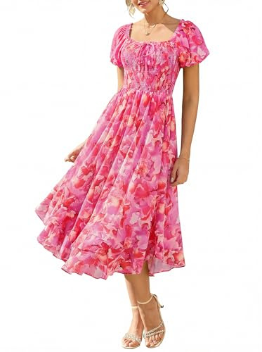 GRACE KARIN Robe d'été pour femme - Col carré - Smocké - Robe florale | Robes d'été pour invitées de mariage pour femmes, robes longues décontractées et élégantes à manches bouffantes avec poches