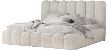 4ALL HOME Polsterbett Timber 120/140/160/180/200x200 cm mit Bettkasten und Lattenrost – Designerbett – Komfortbett mit Stauraum – Mettalrahmen mit Gasdruckfedern (Woolly 01 Cream, 180x200 cm)