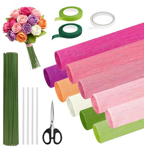 10 Farben Krepppapier Bunt 25 x 250cm Floristenkrepp Pastell Krepppapier Rollen für Partydeko Geburtstagsdeko Muttertag Valentinstag-Blumen DIY Blumenpapier-Handwerk