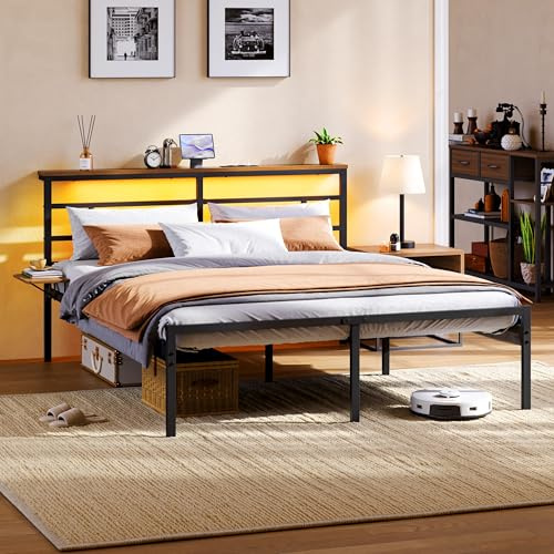 Yaheetech Bett 160×200 cm mit LED Beleuchtung & Ladestation | Bettgestell mit Lattenrost aus Metall, Stauraum unter dem Bett, Doppelbett für Schlafzimmer, Gästezimmer