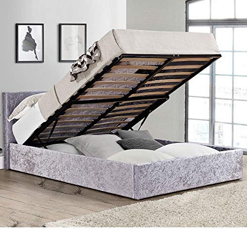 Velvet Ottoman Storage Bed, Happy Beds Berlin Steel Silver Crushed Velvet Fabric Modern Bed - 4ft Small Double (120 x 190 cm) Frame Only