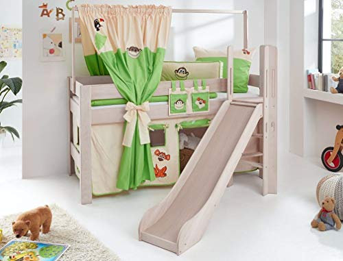 Hochbett Leo Kinderbett mit Rutsche Spielbett Bett Weiß Stoffset Dschungel