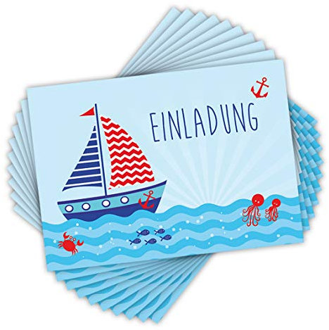 emufarm 10 EINLADUNGSKARTEN zum Kindergeburtstag SEGELSCHIFF DIN A6 beidseitig bedruckt/maritime Einladungen für Kinder mit Schiff Boot, Einladung für Jungs Sommer