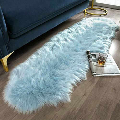 Ashler Ultra Soft Faux Sheepskin Fur Rug Light Blue Fluffy Area Rug Shag Rug Carpets for Bedroom Living Room, 2 x 6 Feet