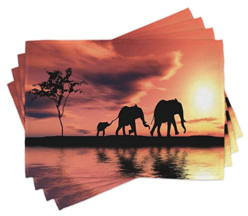 ABAKUHAUS Elefant Platzmatten, Safari Wild Animals, Waschbare Stoff Esszimmer Küche Tischdekorations Digitaldruck, Lachsschwarz
