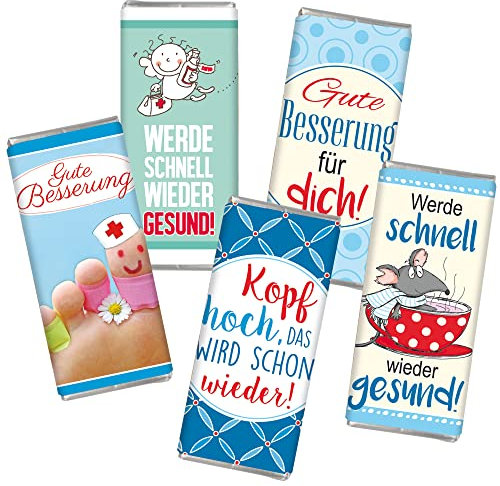 STEINBECK Gute Besserung Geschenk 5 mal Mini Schokolade Täfelchen 5er Set süß Mitgebsel Kopf Hoch Medizin Gesundheit Snack Schokoladenbotschaft Genesungswünsche