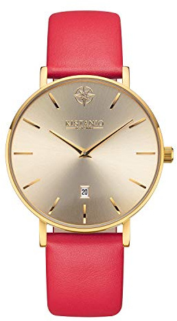 Kistanio Moyen Flache Damenuhr mit Lederband Saphirglas 38 MM Durchmesser Edelstahl Datum Verschiedene Variationen