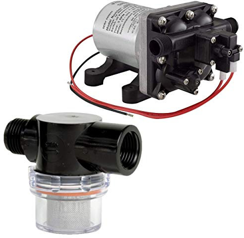 Shurflo - Bomba de agua para caravana de 12 voltios 3.0 Gpm - 4008-101-A65 / E65 y 1/2 | Bomba de agua para fontanería y caravana | Paquete de colador de tubería opcional giratorio | Cada uno tiene un