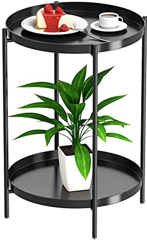 OVICAR Tray End Table - Metal Side Table 2 Tier Nightstand Round Accent Coffee Table Sofa Side Table Waterproof Indoor Outdoor Snack Table Removable Tray Table for Living Room Bedroom Office Black