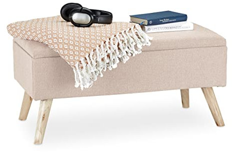Relaxdays Sitzbank mit Stauraum, gepolstert, Holzbeine, Truhenbank Stoffbezug, HxBxT: 39,5 x 79,5 x 39,5 cm, beige