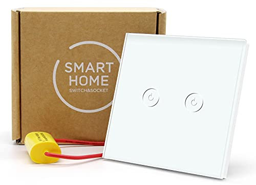 BSEED Smart Light Switch,Wifi Touch Wall Switches With Glass Panel,LED Lights,Work with Alexa/Smart Life App Control,Without Neutral Wire,2 Gang 1 Way,86mm White