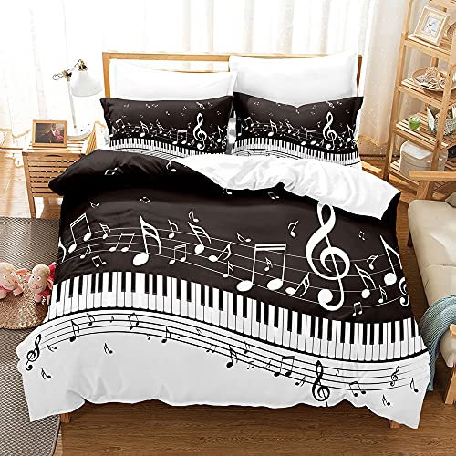 YXWHY 3D Druck The Musiknote schwarz weiß Bettwäsche-Set aldult Kinder,Weich und bequem Mikrofaser Bettbezug Musik Klavier bettwäsche 135x200cm mit 2 Kissenbezüge 80x80cm