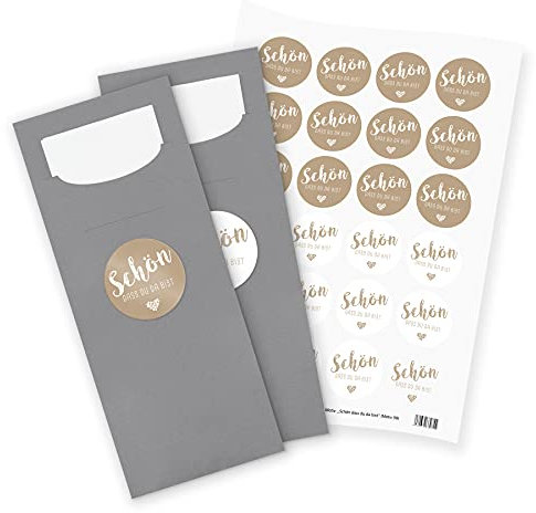 itenga 24x Bestecktaschen GRAU Schön dass du da bist latte macchiato braunPochetten inkl. Serviette und Sticker Aufkleber Tischdeko Einweggeschirr