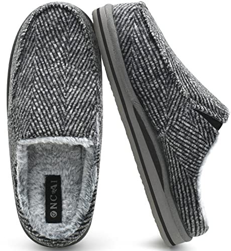 ONCAI Pantofole da Uomo in Comfort Pelo Cotone Strisce Ciabatte da Casa in Lana con Memory Foam Supporto Arco Suola in Gomma Grigio Taglia 46