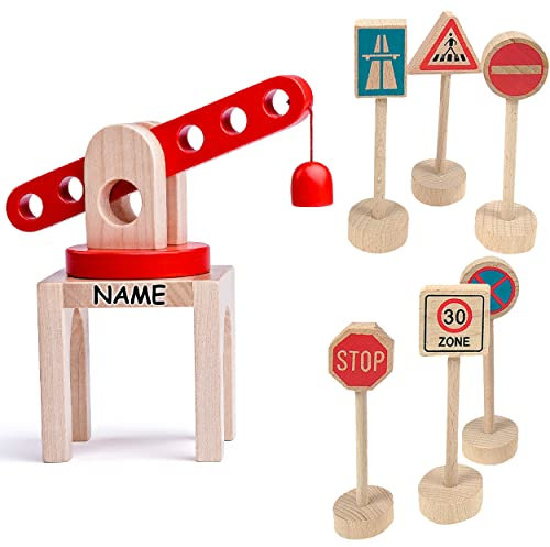 alles-meine.de GmbH Set: Magnet - Kran + 6 Verkehrszeichen - inkl. Name - für Holz Eisenbahn - Kranset - passend für alle Schienen-Systeme & Straßen - z.B. Brio/Heros/Eichhor..