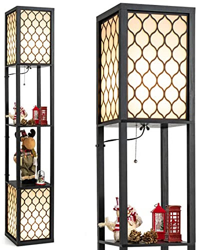 COSTWAY Lampadaire en Bois, Lampadaire sur Pieds avec Lumière en Haut et en Bas, 2 Base pour Lampe E27, Lampe sur Pied de Avec Etagères Pour Chambre et Salon, Noir
