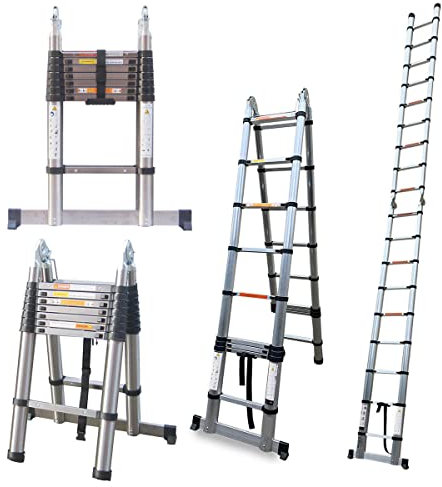 Teleskopleiter 5m Klappbar mit Stabilisator, Rutschfester Klappleiter Stehleiter Mehrzweckleiter aus hochwertiges Edelstahl, Maximale Belastung 150 kg (2,5+2,5m)