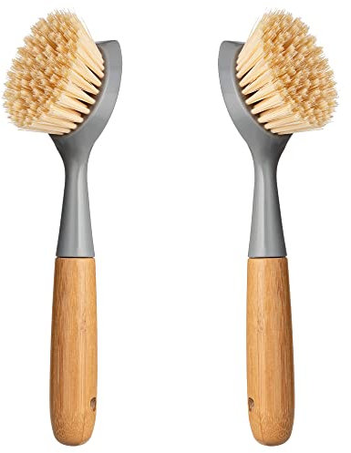 2 Pack Kitchen Dish Brush Bamboo Handle Dish Scrubber Built-in Scraper, Scrub Brush for Pans, Pots, Kitchen Sink Cleaning, Dishwashing and Cleaning Brushes are Perfect Cleaning Tools, Color-Gray