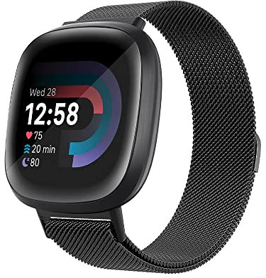 PaceBid Armband Kompatibel mit Fitbit Sense 2/Fitbit Versa 4, Metall Gewebte Edelstahl Magnetisch Ersatzband Herren Damen Klassisches Verstellbarer Uhrenarmband für Fitbit Sense 2/Versa 4 -Schwarz