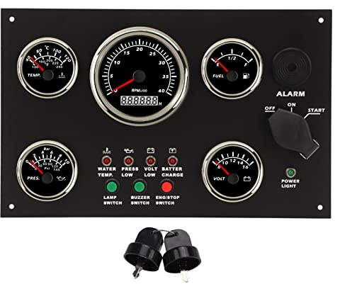 Pannello Strumenti Barche 5 Misuratori - Tachimetro 0-4000 RPM, Termometro Acqua, Livello Carburante, Pressione Olio 0-10Bar, Voltmetro 8-16V - Allarmi Integrati, IP67, Retroillum